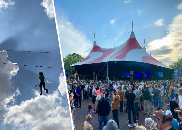 Tokkelbaan bij Ribs & Blues (Links) / Tent Ribs & Blues 2024 (Rechts)Tokkelbaan bij Ribs & Blues (Links) / Tent Ribs & Blues 2024 (Rechts)